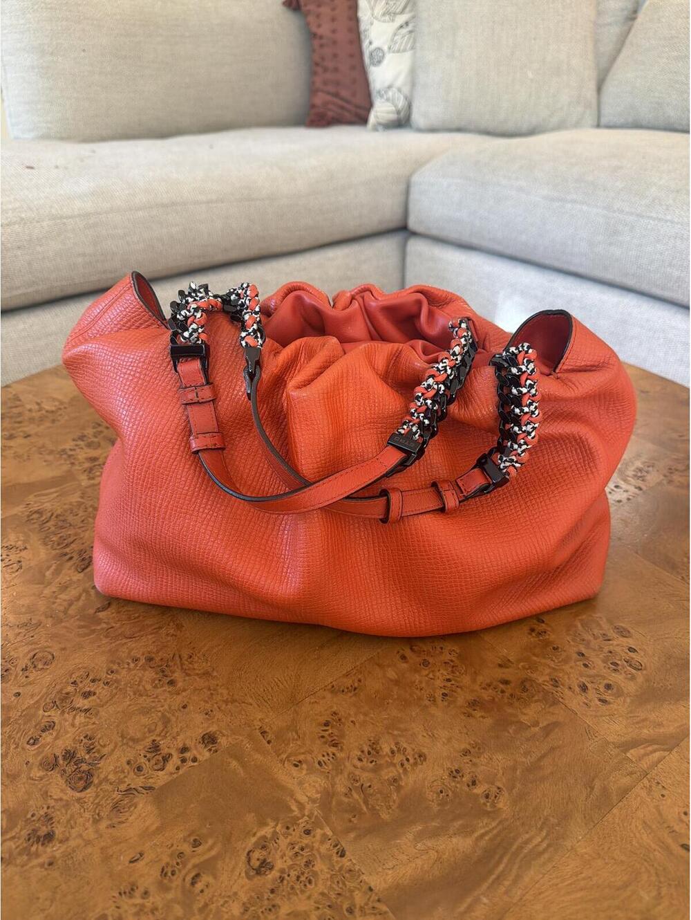 ETRO Orange Leather Textured Drawstring Shoulder Bag with Chain Straps